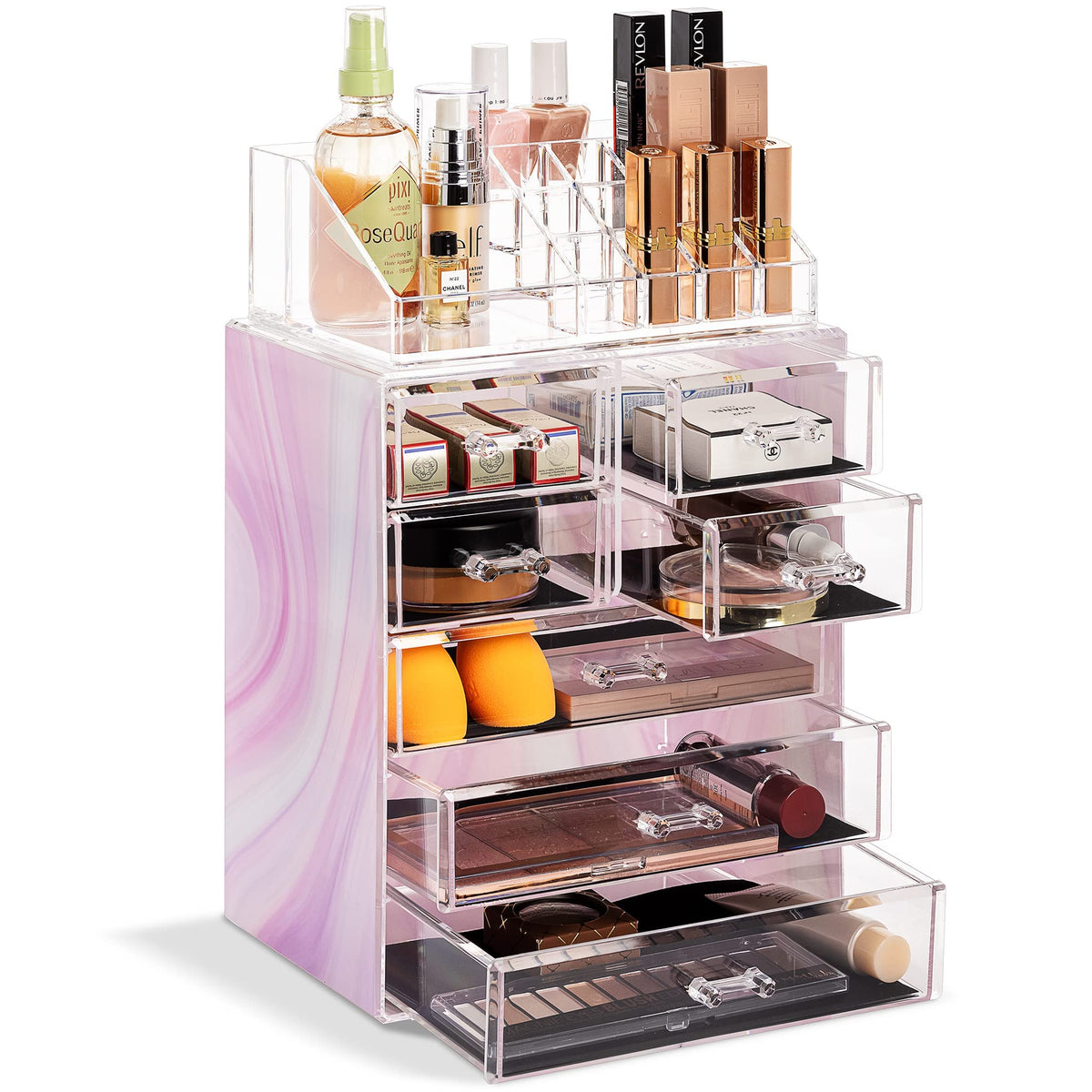 Sorbus Makeup Organizer, 6-Drawer Acrylic 2-Piece Set (Marble Print)