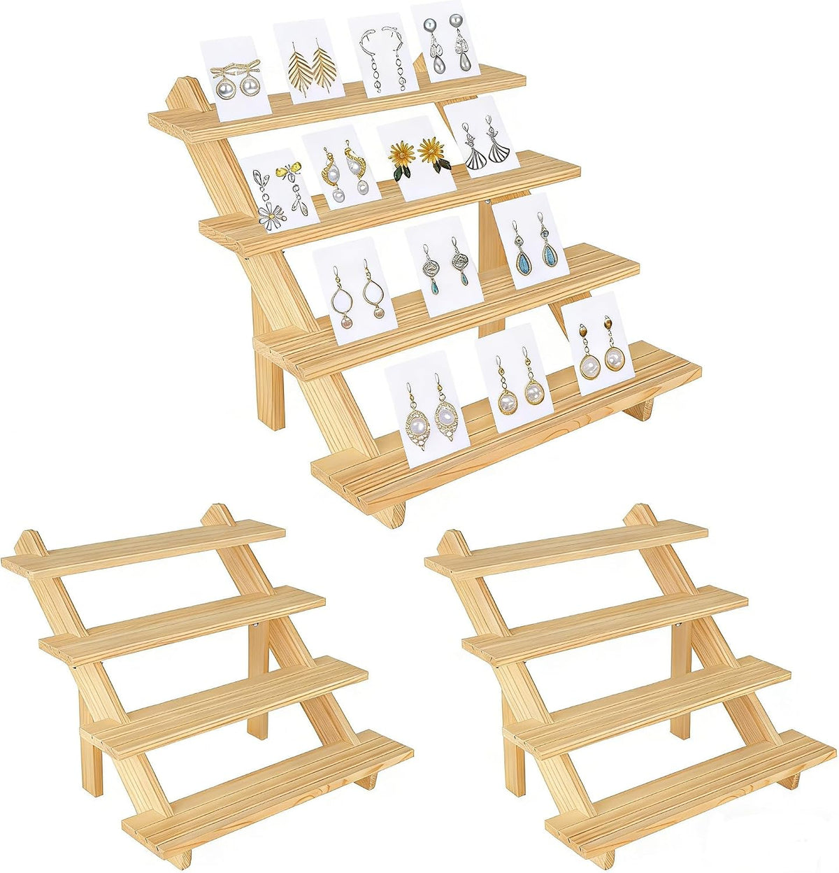 2 Pack 4 Tier Wooden Earring Display for Vendors Stand Riser Detachable
