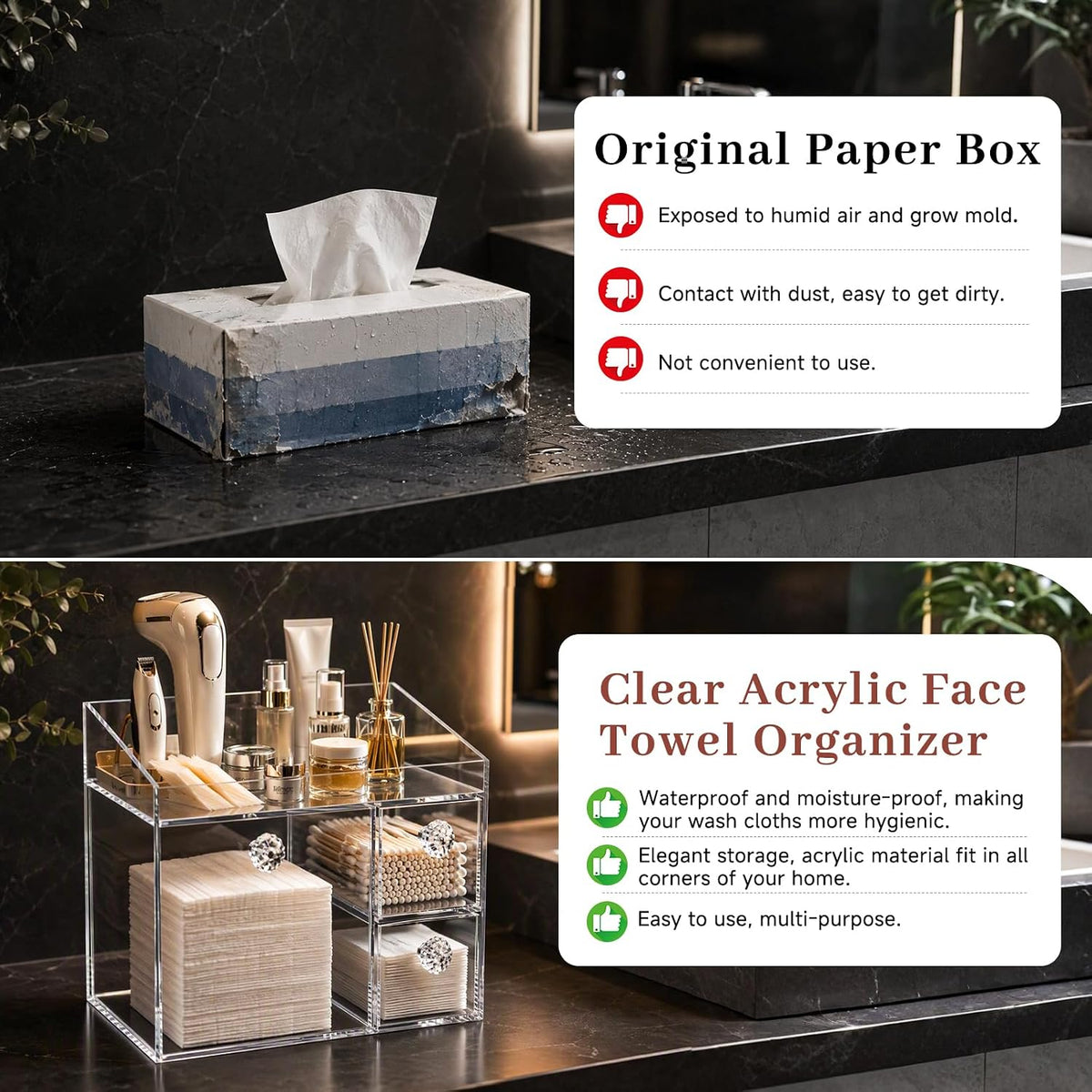 4 in 1 Disposable Face Towel Holder, Acrylic Clean Facial Towel Storage Box XL Size, Clear Vanity Organizer for Dry Face Cloth, Makeup Product Cotton Pads Qtips Bathroom Container with Drawer