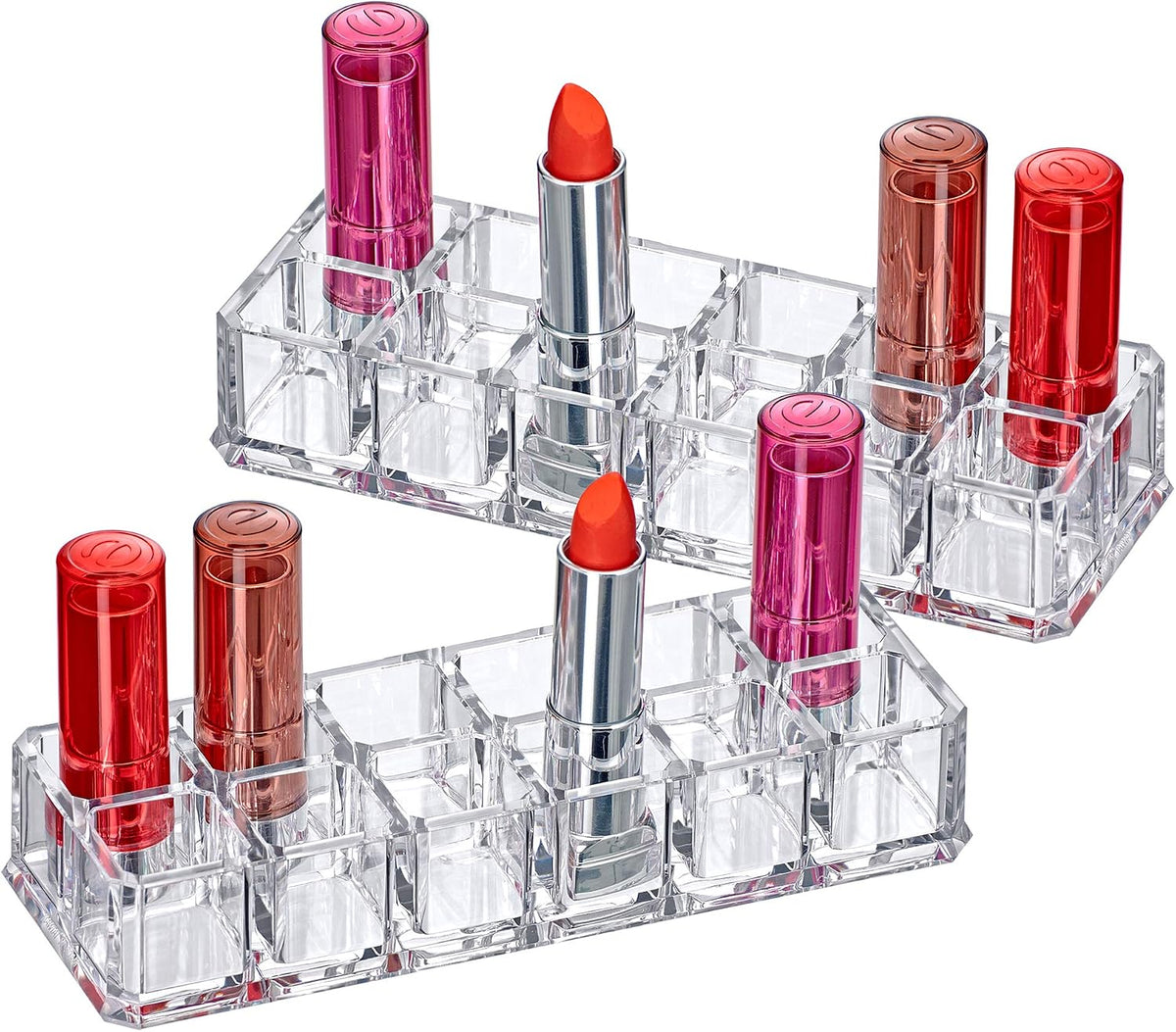 Amazing Abby - Charm - 2-Pack 12-Slot Acrylic Lipstick Organizer, Lipstick Holder, Lip Gloss Holder, Cosmetic Storage Display, Perfect Storage Solution for Drawer and Vanity (Slot Size: 0.9" x 0.9")