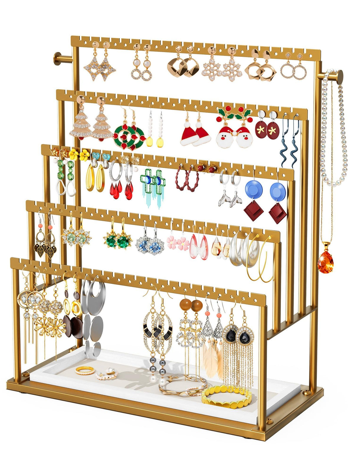 Earring Holder Organizer, 5-Tier Jewelry Display Stand with Matte Black Metal Frame and Wooden Tray, Large Earring Holder for Studs, Hoops, Dangles, Modern Jewelry Organizer for Women