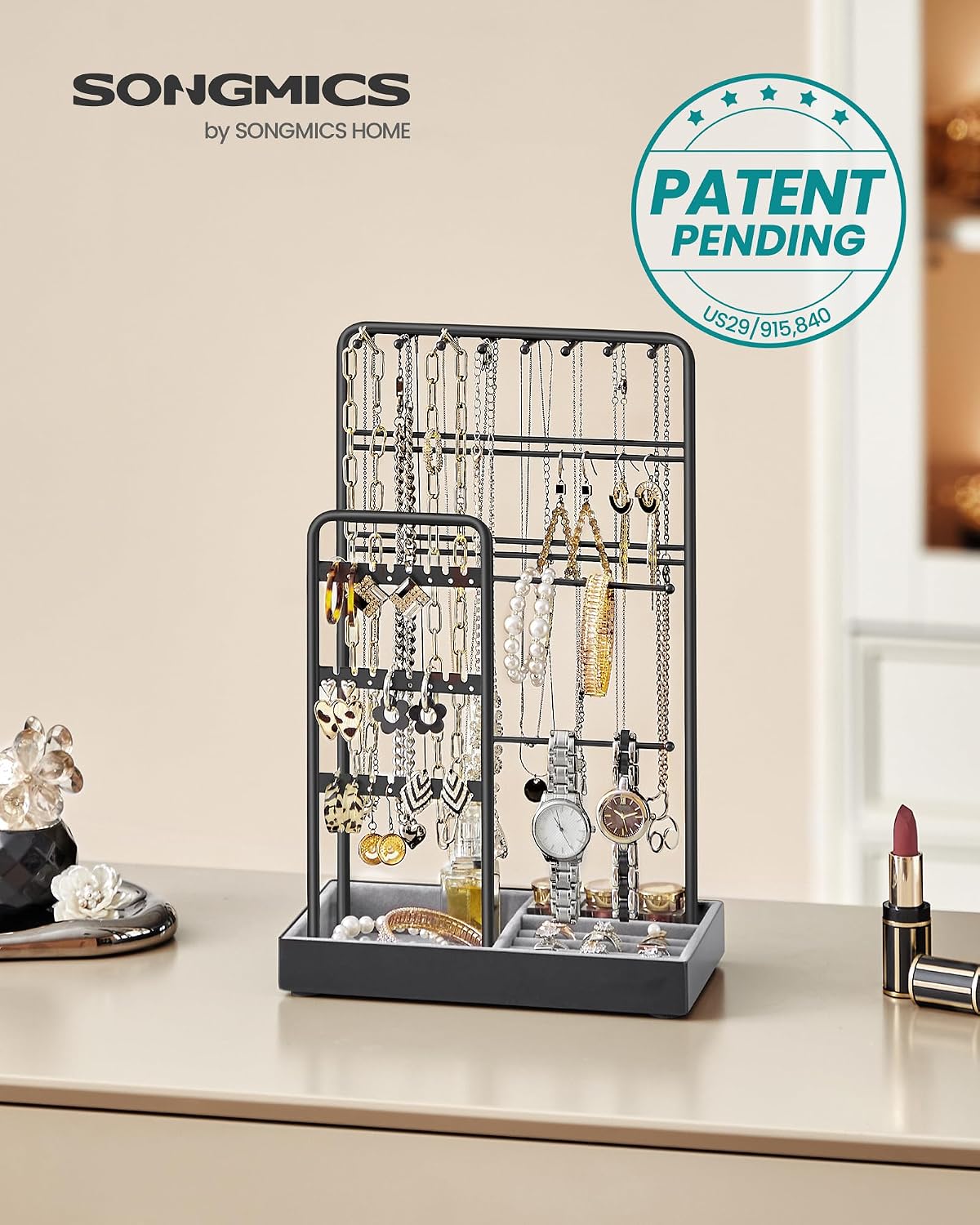 SONGMICS Jewelry Holder, Display Stand, Metal Frame, Velvet Tray