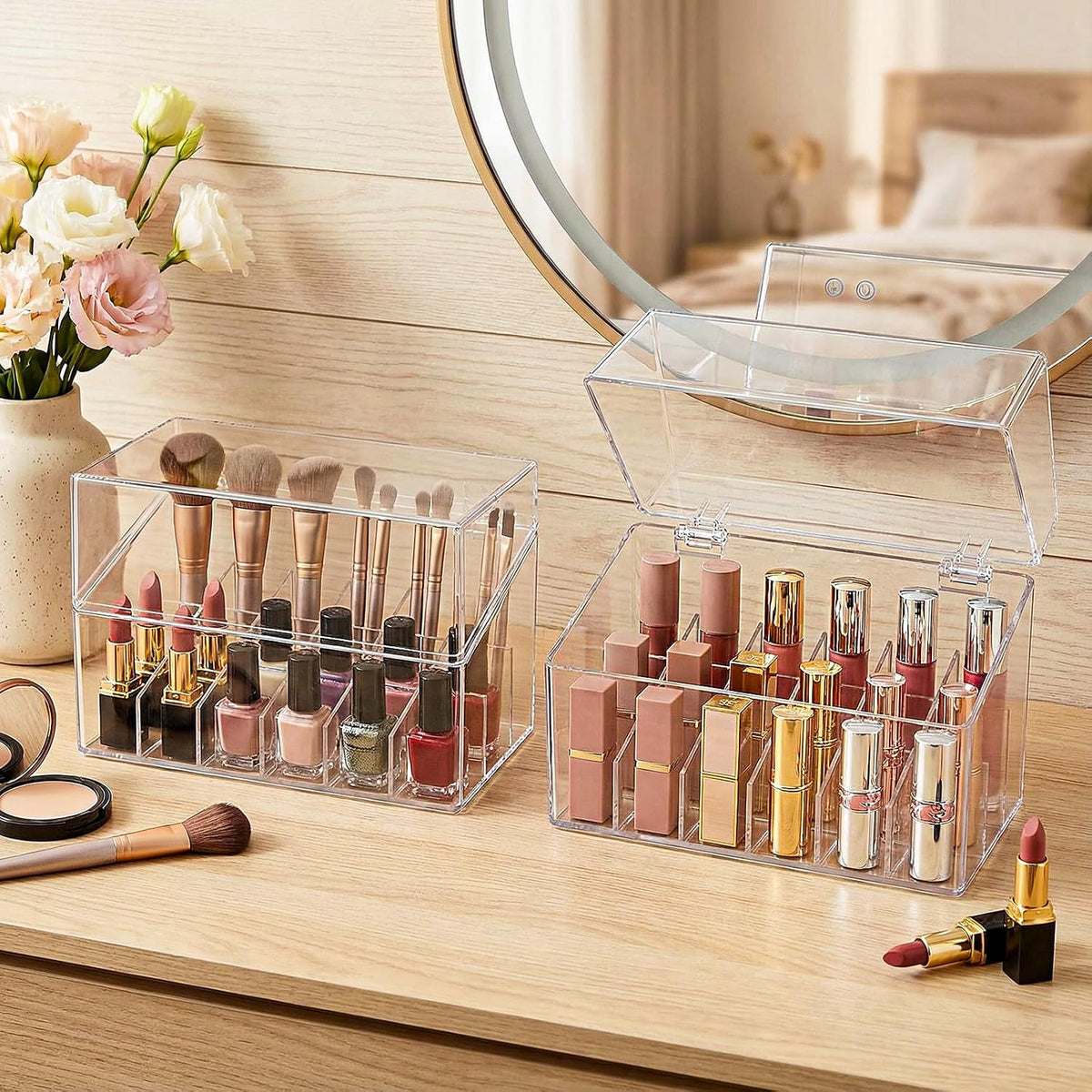 Foraineam 3 Pack Lipstick Holder Organizer with Lid, 18 Spaces Clear Acrylic Lipstick Display Stand Container, Dust-proof Beauty Makeup Storage Case for Cosmetic Dresser Vanity Cabinet Display