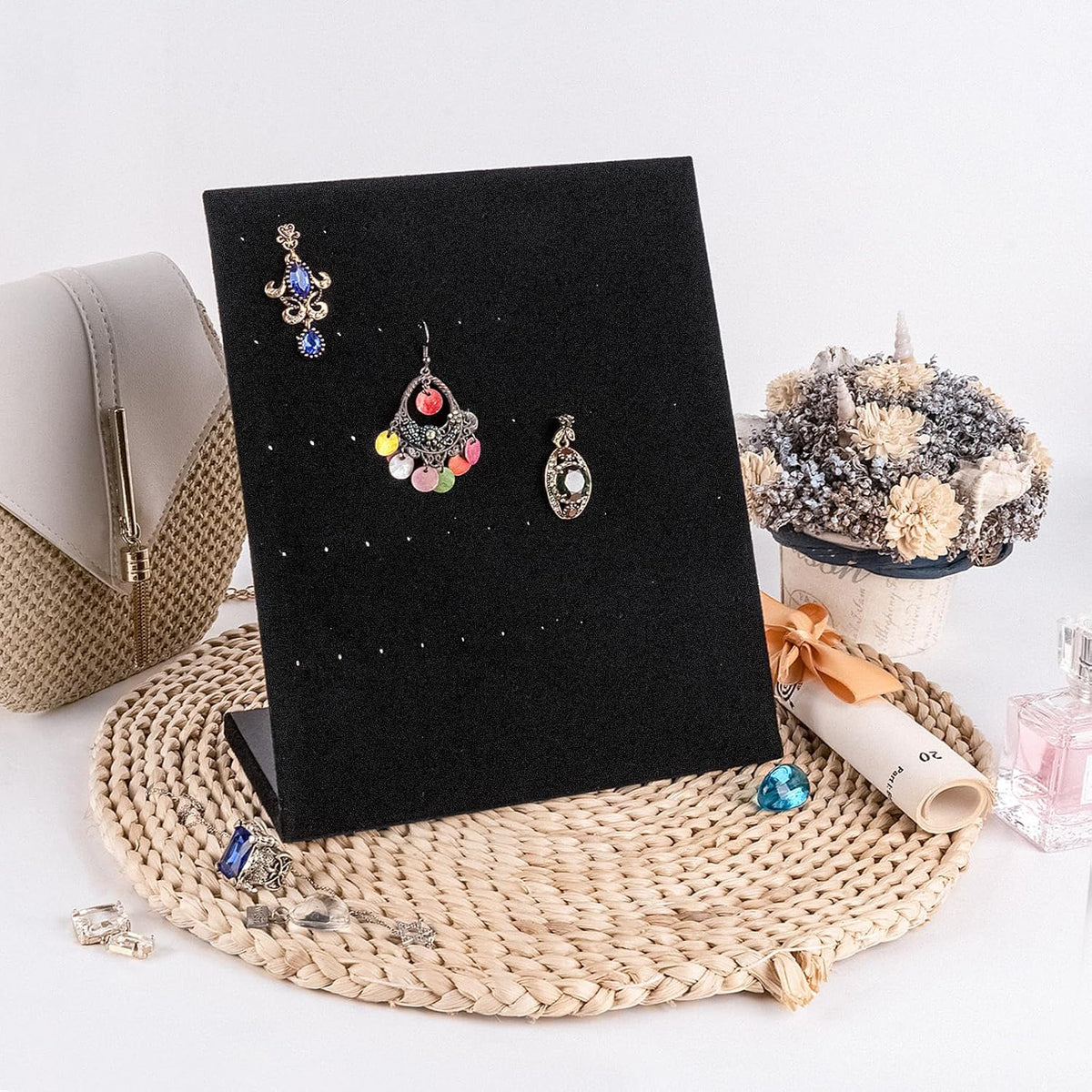 Velvet Earring Holder Organizer, 60 Holes L-Shape Earring Display Stand, Ear Studs Jewelry Storage Display Rack, Earring Organizer Stand for Selling Personal (Black, 9.8 x 7.9 Inches)