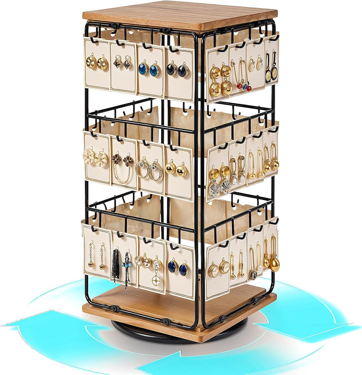 Rotating Earring Display Holder Stand for Vendors Events Selling, Large Capacity 48 Hooks Jewelry Rack with Wooden Base for Earring Card Sales, Enhances Retail Visibility