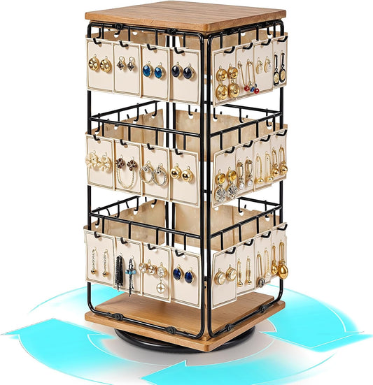 Rotating Earring Display Holder Stand for Vendors Events Selling, Large Capacity 48 Hooks Jewelry Rack with Wooden Base for Earring Card Sales, Enhances Retail Visibility