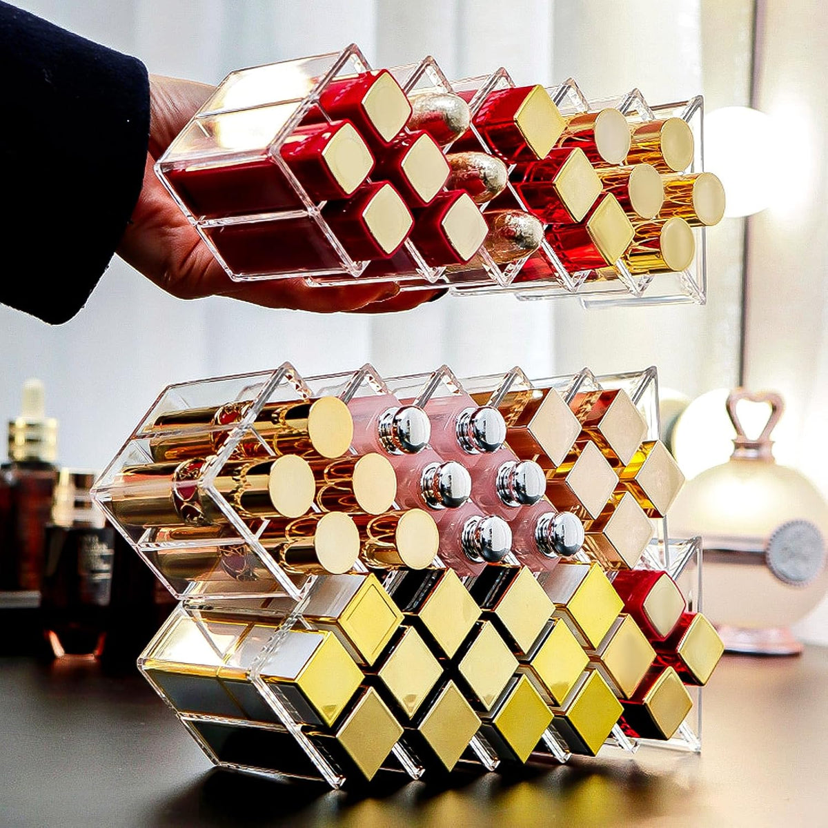 4 Pack Acrylic Lipstick Holder Organizer 64 Slots Clear Lip Gloss Holder Organizers Stackable Fish Shape Lipsticks Tower Lipstick Case Display Stand Storage Box for Makeup Cosmetic Vanity drawer