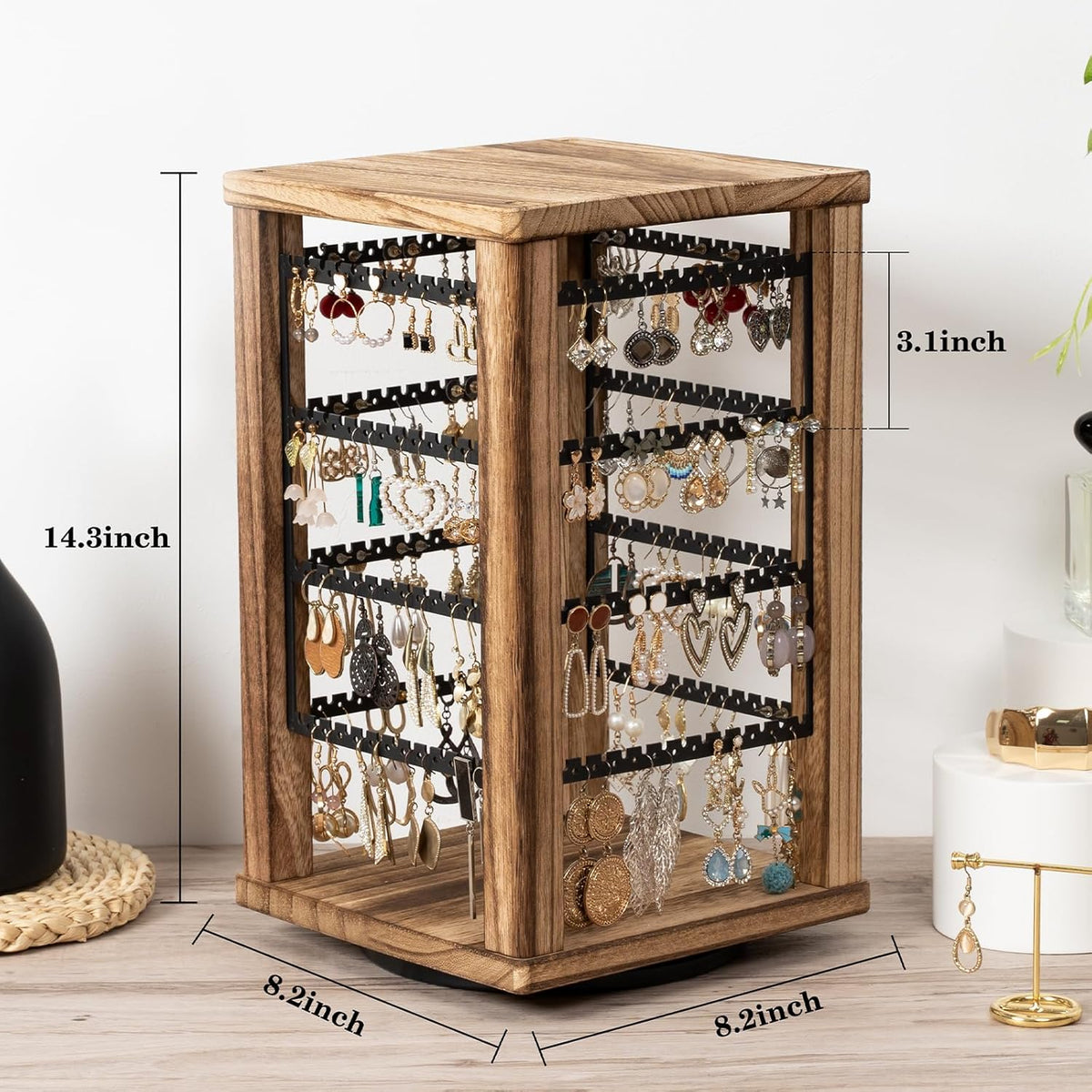 Emfogo 360 Earring Holder Organizer, Rustic Wood Earring Stand, Rotating Wooden Display, 4 Tiers Earring Organizer Stand for Stud Earrings, Hoop Earrings & Necklaces, Women Gifts