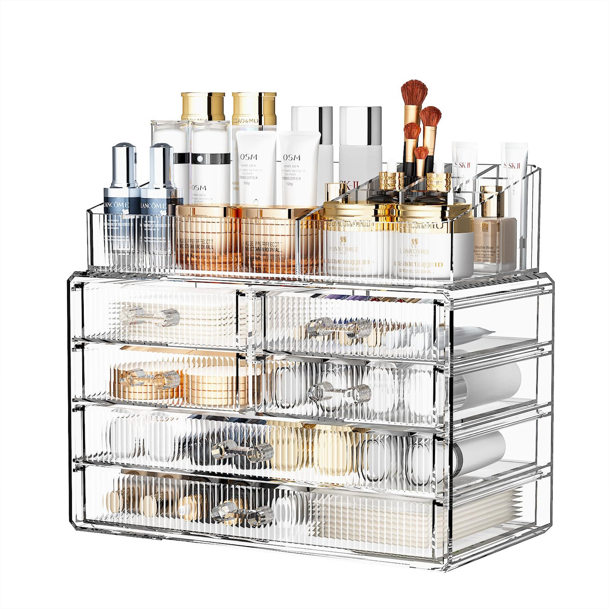 ZHIAI Stackable Organizer, Acrylic Cosmetic Organizer for Dresser, Vanity, Kitchen Cabinet, Bathroom, Under Sink, Home Organization and Storage (1 Top 5 Drawers)