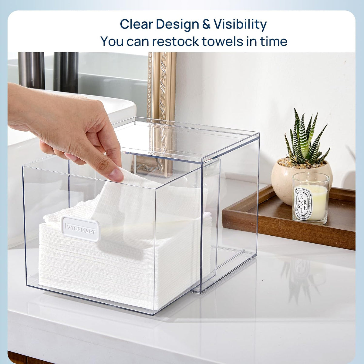 Vtopmart Disposable Facial Towels Holder,Clear Storage Drawer Compatible with Clean Skin Club Towel XL,Acrylic Box Hold 50 Count,Stylish and Functional Bathroom Accessory for Coutertop Organization