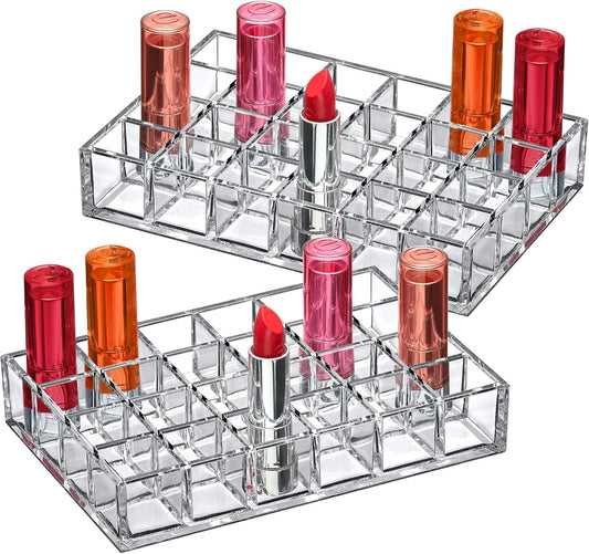 Amazing Abby - Allure - 2-Pack 24-Slot Acrylic Lipstick Organizer, Lipstick Holder, Lip Gloss Holder, Cosmetic Storage Display, Perfect Storage Solution for Drawer and Vanity (Slot Size: 1.0" x 1.0")