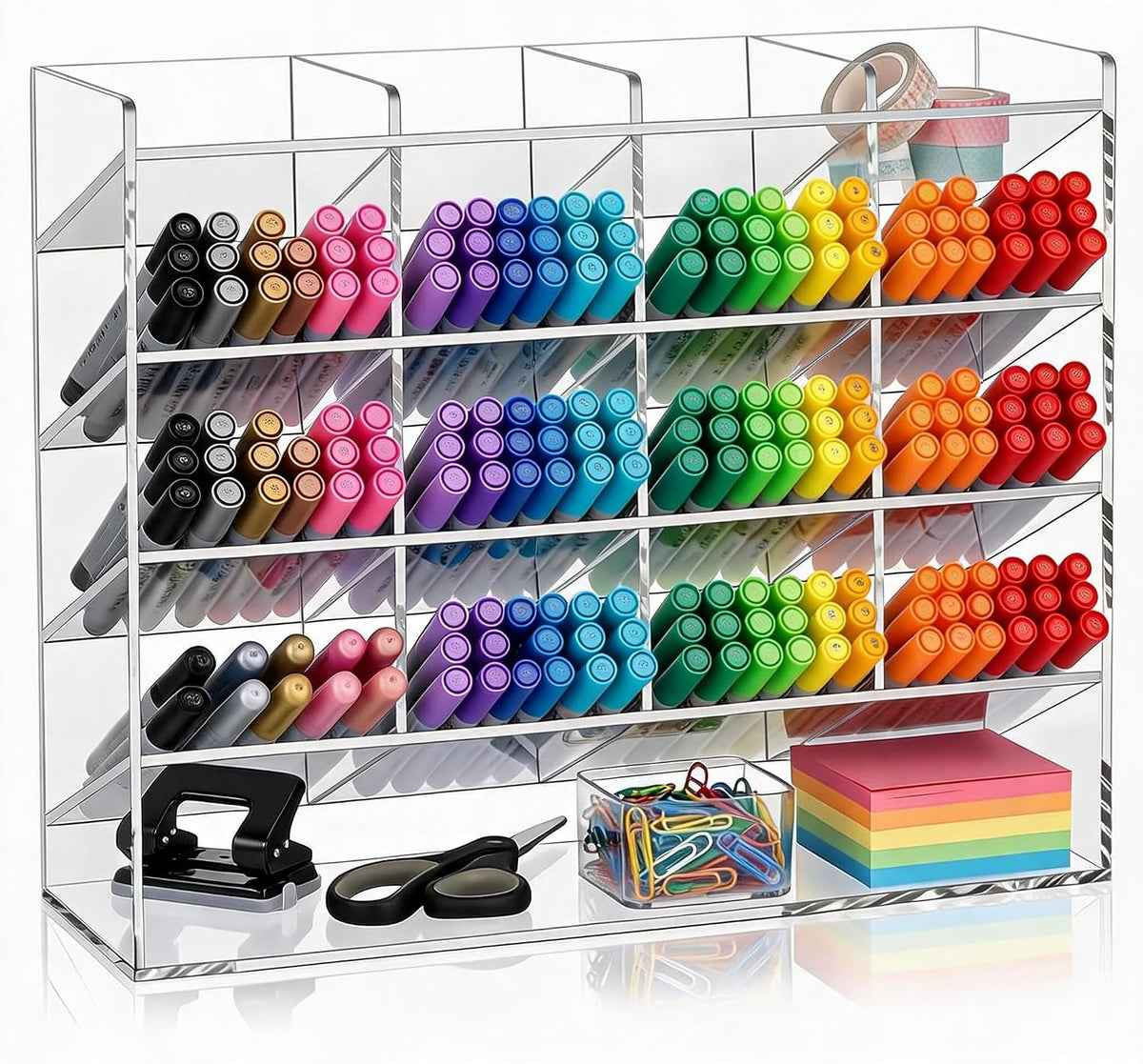 TrailBlaze Acrylic Pen Holder, Multi‑Compartment Marker Organizer, Clear Desk Marker Display Storage Rack for Office Art Supplies Makeup Lipsticks, 13 x 4 x 10.2 Inch