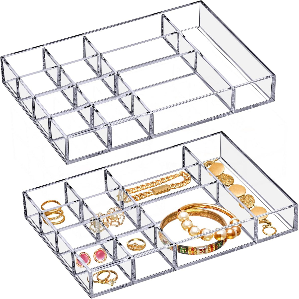 Amazing Abby - Jewel - 2-Pack Acrylic Jewelry Organizer, Plastic Jewelry Tray, Jewelry Case, Trinket Tray, Ring Holder, Perfect Storage Solution for Necklaces, Bracelets, Rings, and More