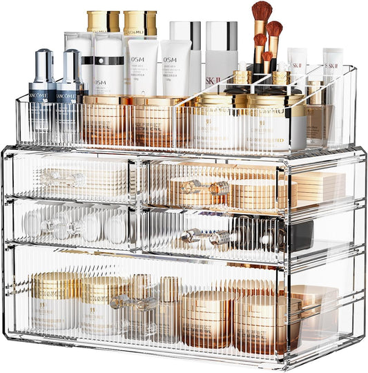 ZHIAI Stackable Organizer, Acrylic Cosmetic Organizer for Dresser, Vanity, Kitchen Cabinet, Bathroom, Under Sink, Home Organization and Storage (1 Top 5 Drawers)