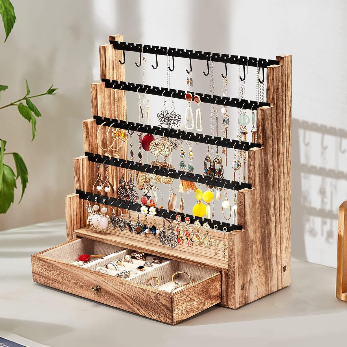 Pinzoveco Earring Organizer, 5 Layer Earring Holder Organizer with Necklace Holder Pole, Rustic Wood Jewelry Organizer Stand Display for Stud Earring Bracelet Necklace Ring, 175 Earring Holes