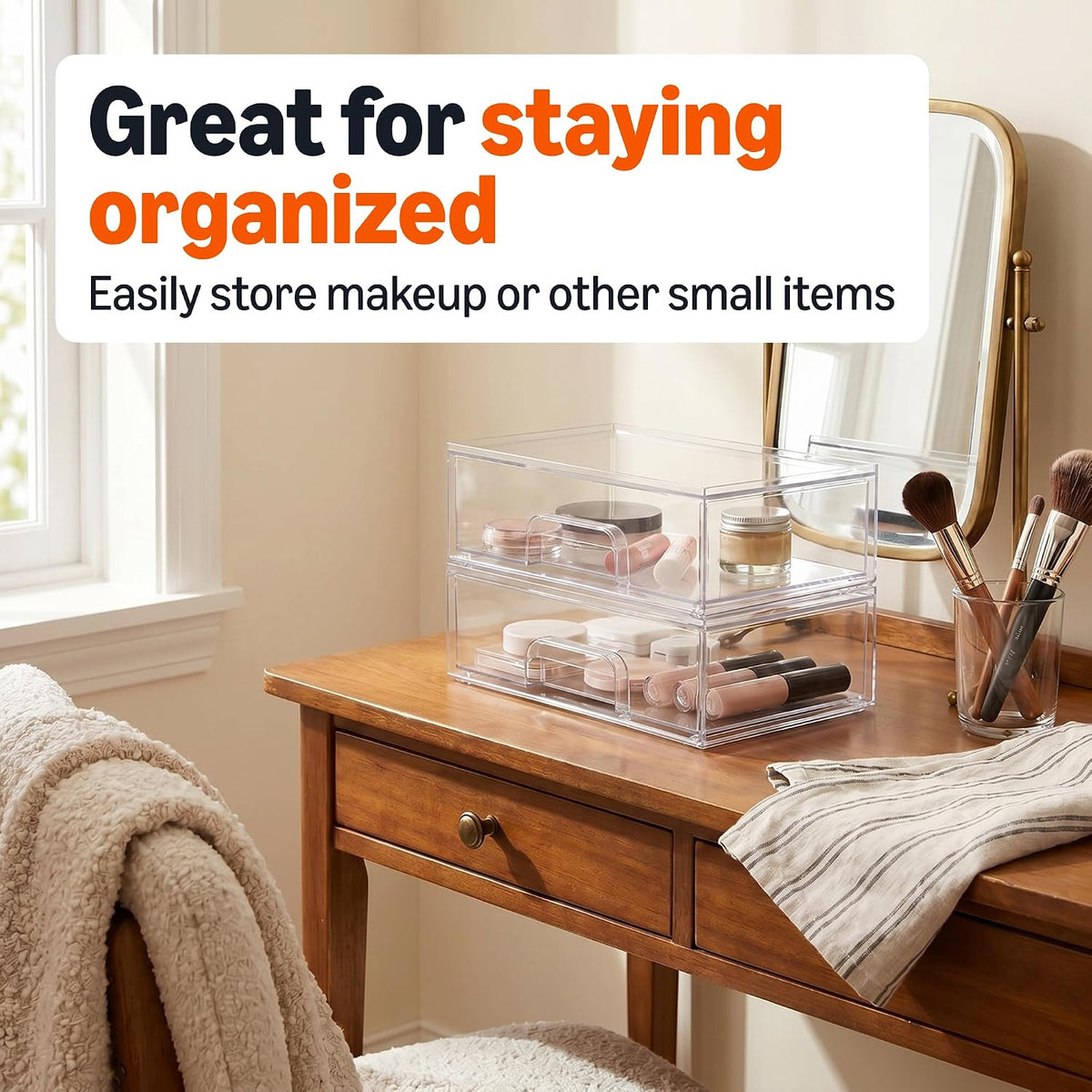 Amazon Basics Stackable Plastic Storage Makeup Organizer Drawers, Clear, 12.1" x 7.6" x 3.5", 2 Pack