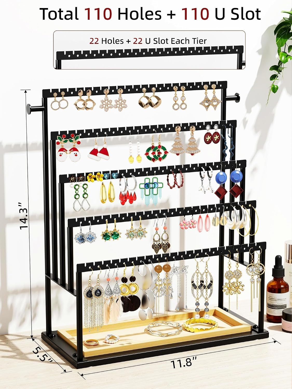 Earring Holder Organizer, 5-Tier Jewelry Display Stand with Matte Black Metal Frame and Wooden Tray, Large Earring Holder for Studs, Hoops, Dangles, Modern Jewelry Organizer for Women