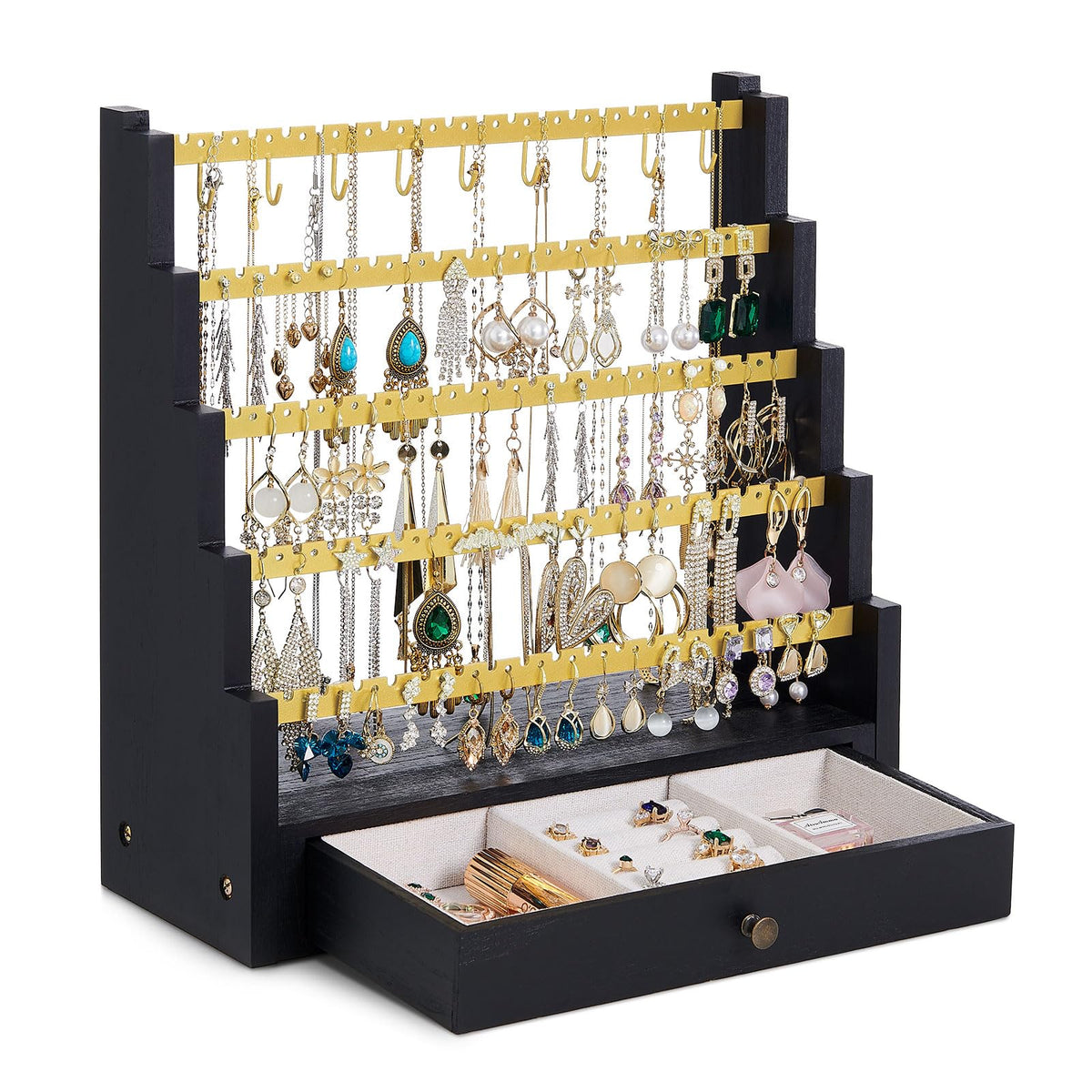 Pinzoveco Earring Organizer, 5 Layer Earring Holder Organizer with Necklace Holder Pole, Rustic Wood Jewelry Organizer Stand Display for Stud Earring Bracelet Necklace Ring, 175 Earring Holes