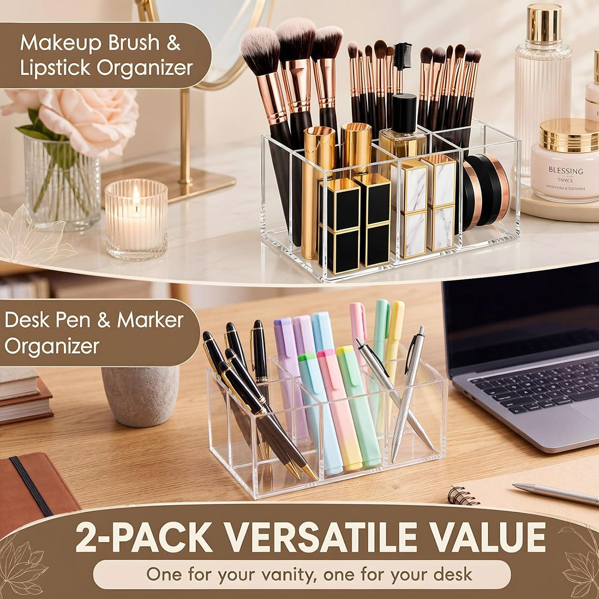 Zhehao 2 Pack Clear Acrylic Desk Organizer, 6-Slot Makeup Brush Holder and Pen Holder, Cosmetic Storage Organizer for Vanity, Bathroom Countertop, Office Desk, Pens, Markers, Lipsticks and Nail Tools
