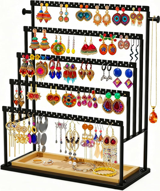 Earring Holder Organizer, 5-Tier Jewelry Display Stand with Matte Black Metal Frame and Wooden Tray, Large Earring Holder for Studs, Hoops, Dangles, Modern Jewelry Organizer for Women