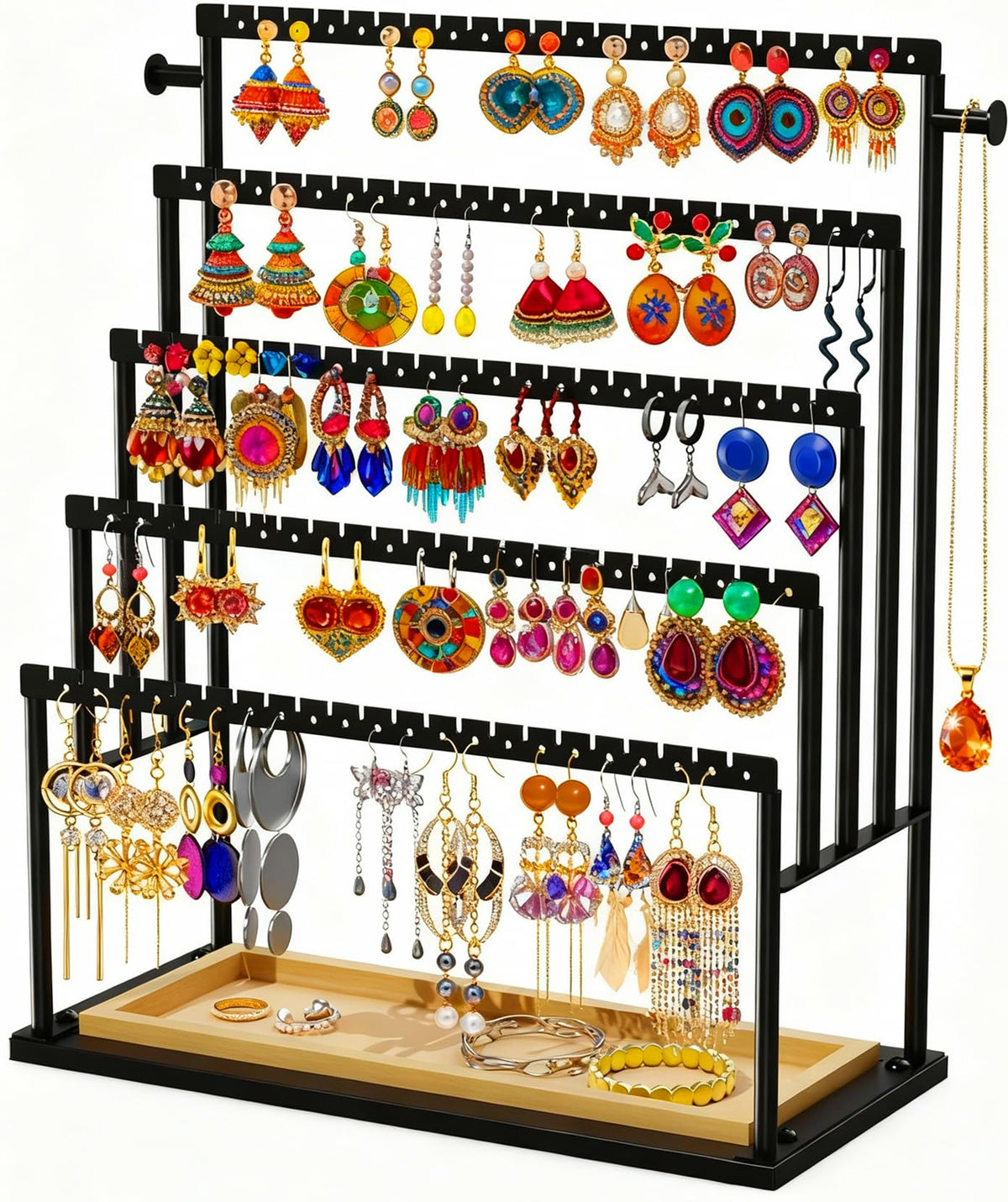 Earring Holder Organizer, 5-Tier Jewelry Display Stand with Matte Black Metal Frame and Wooden Tray, Large Earring Holder for Studs, Hoops, Dangles, Modern Jewelry Organizer for Women