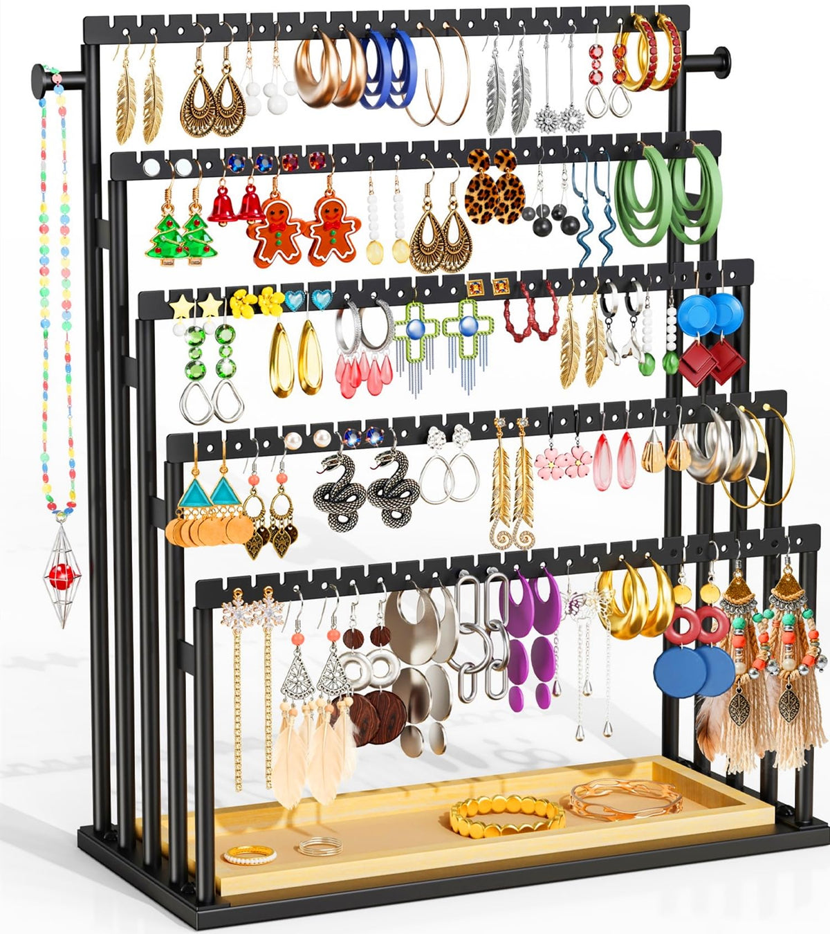Earring Holder Organizer, 5-Tier Jewelry Display Stand with Matte Black Metal Frame and Wooden Tray, Large Earring Holder for Studs, Hoops, Dangles, Modern Jewelry Organizer for Women