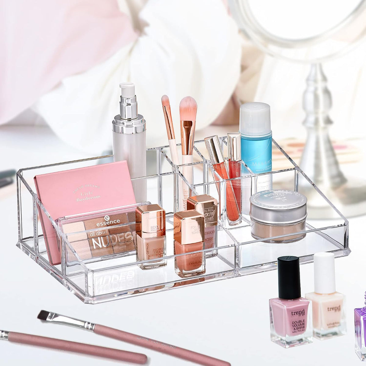 Amazing Abby - Tiffany - Acrylic Cosmetic Organizer (2-Pack), Transparent Plastic Makeup Holder, Compartmented, Shatter-Proof, Perfect Bathroom Vanity Storage Solution for Beauty Supply, Large