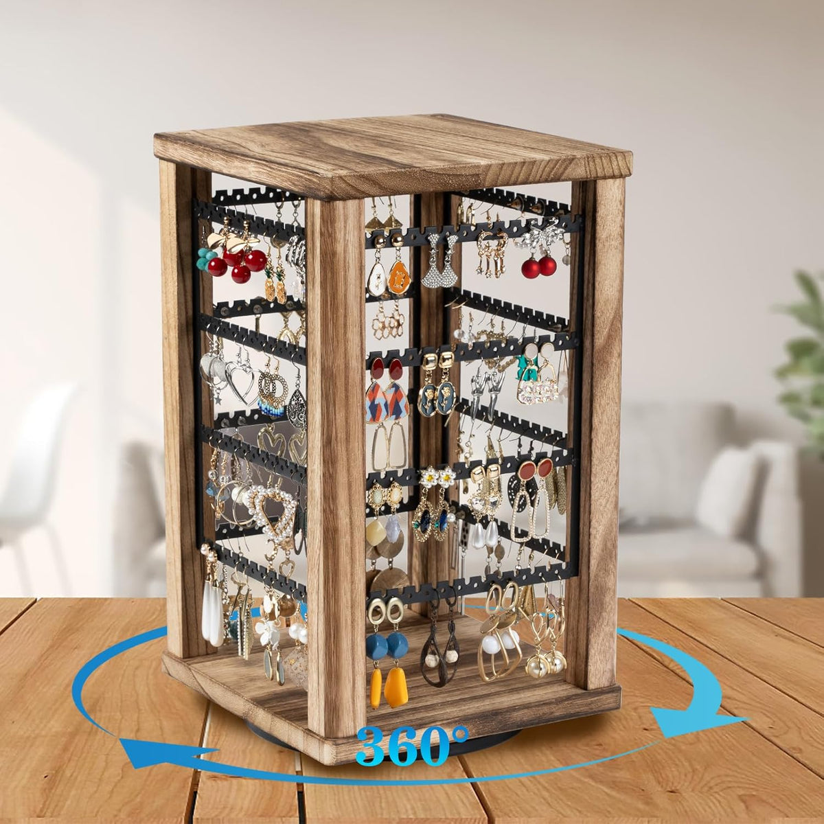 Emfogo 360 Earring Holder Organizer, Rustic Wood Earring Stand, Rotating Wooden Display, 4 Tiers Earring Organizer Stand for Stud Earrings, Hoop Earrings & Necklaces, Women Gifts