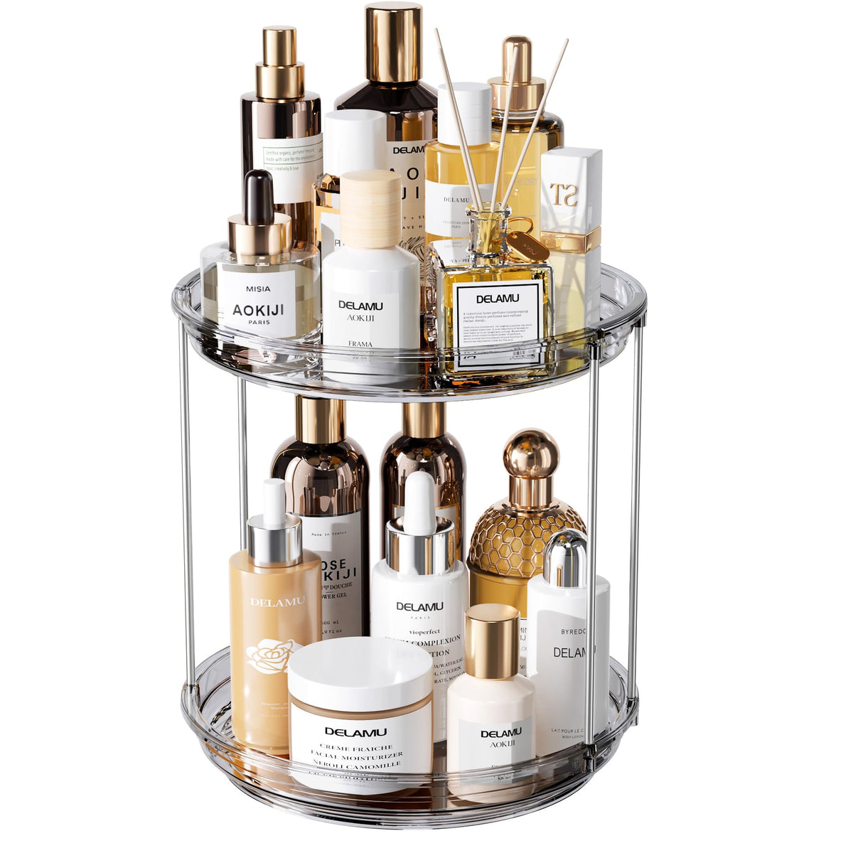 Delamu Rotating Makeup Organizer for Vanity, 2 Tier Bathroom Counter Organizer with Stackable Design, Spinning Skincare Organizer for Bathroom Countertop, Perfume Cosmetic Storage, Clear