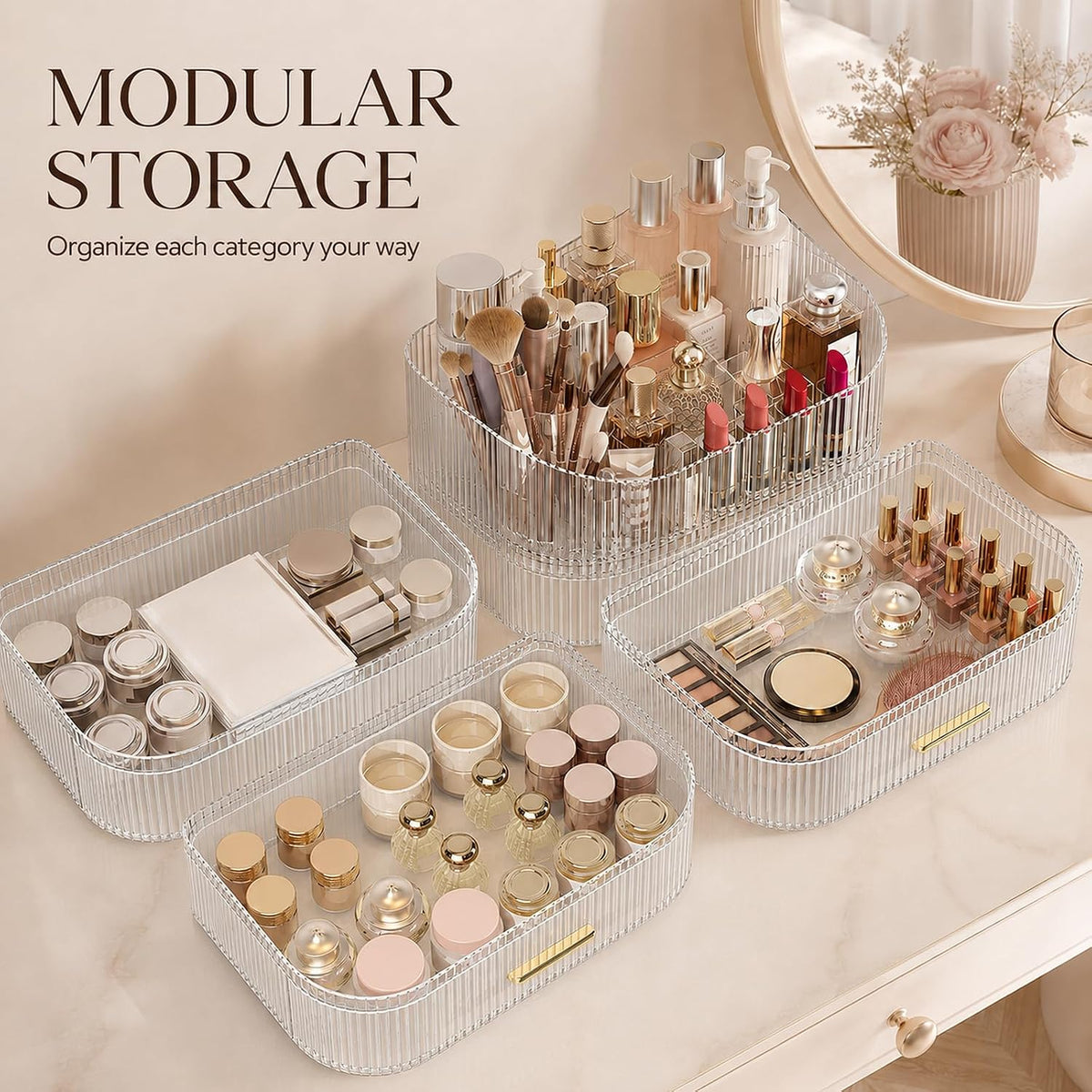 360° Rotating Makeup Organizer with Drawer, Clear Acrylic Cosmetic Storage Display, Stackable Beauty Counter (Clear, Large (Tray + 1 Drawer))