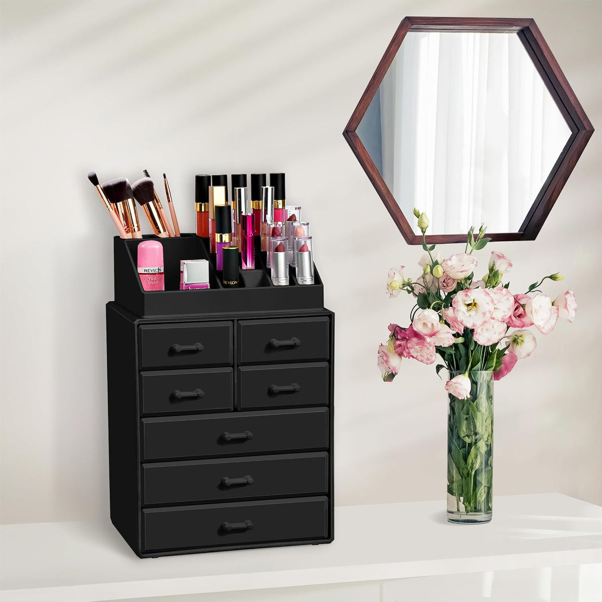 Sorbus Makeup Organizer, Brush Holder and Make Up Storage Drawers - Acrylic Makeup organizer for vanity, Bathroom - Cosmetic Display Cases with 3 large, 4 Small Drawers & 1 Tray for Makeup Brush