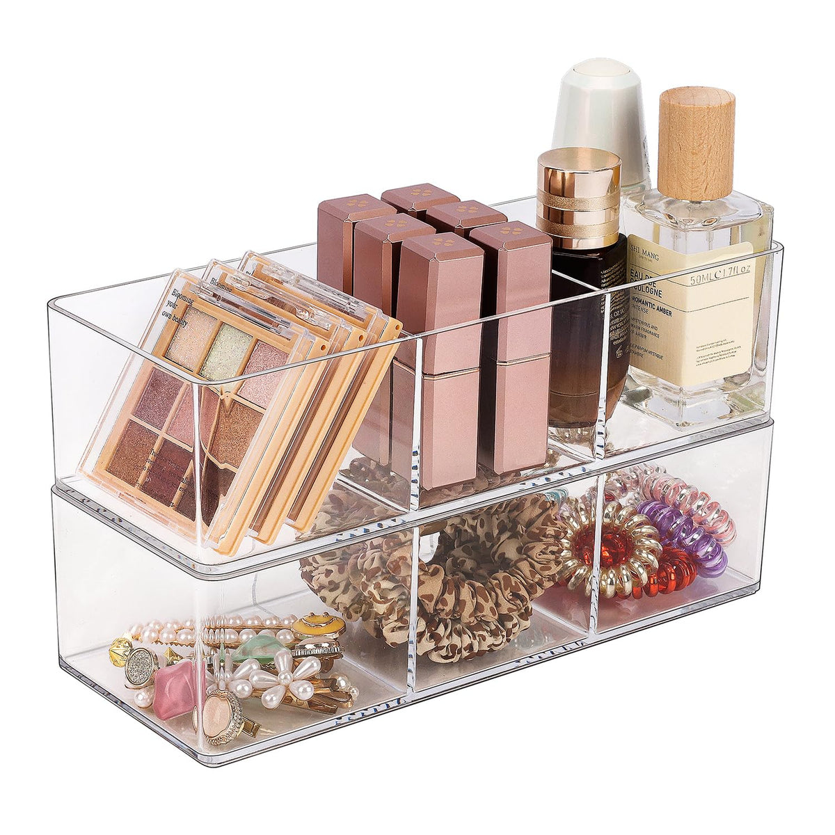 JessLab Acrylic Organizer, 2PK Cube Sections Makeup Organizer for Drawer, Makeup Organizer for Vanity, Countertop, Bathroom, Kitchen and Cabinet Storage(1+3 Compartment)