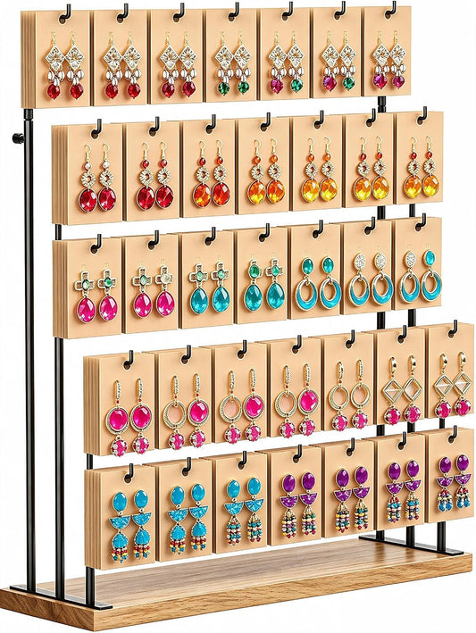 ORLESS Jewelry Display for Vendors,35 Hooks Earring Display Stand for Selling, Necklace Display Holder for Selling, Earring Cards Organizer for Bracelets, Rings, Jewelry Towers, Original Wood