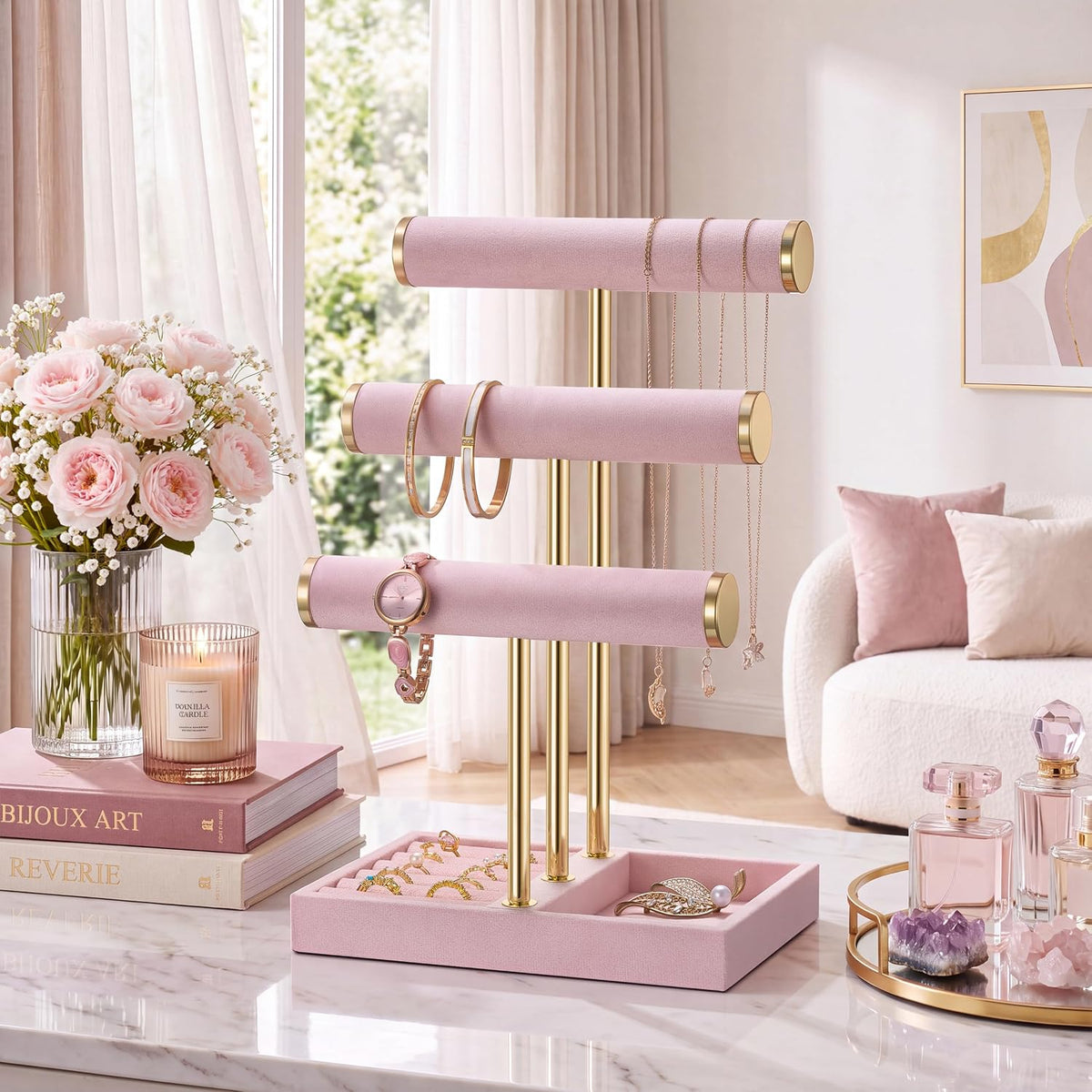 Jewelry Organizer Stand Display, 3 Tier Velvet Bracelet Holder, Pink