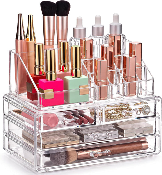 Masirs Clear Makeup Organizer with 4 Drawers 16 Compartments, Countertop