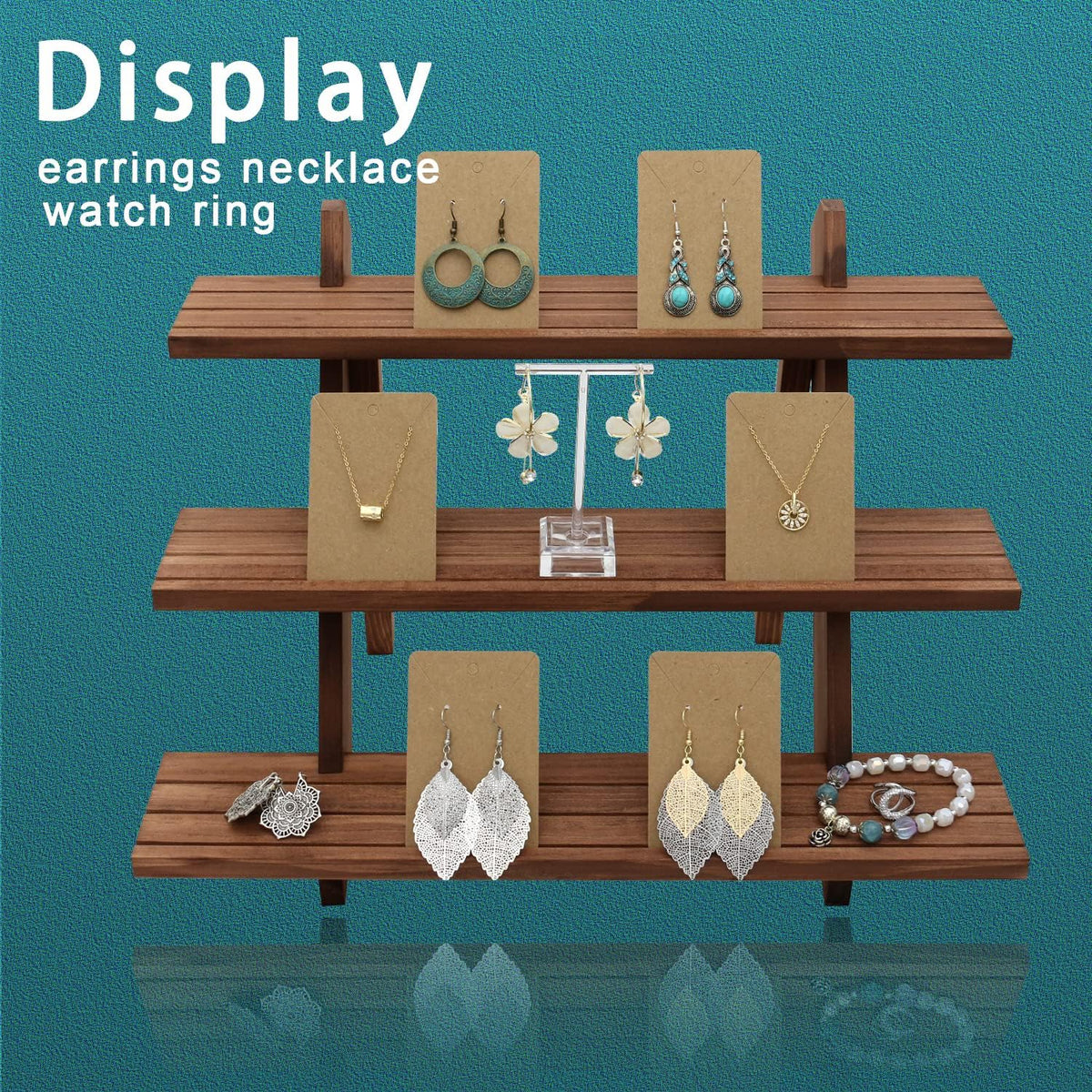 51pcs 3-Tier Wood Earring Display Stand, Retail Display Riser Earring, Ring Holder Stand, Removable Countertop Small Merchandise Display Stand with 50 Pcs Earring Card (Light Brown)