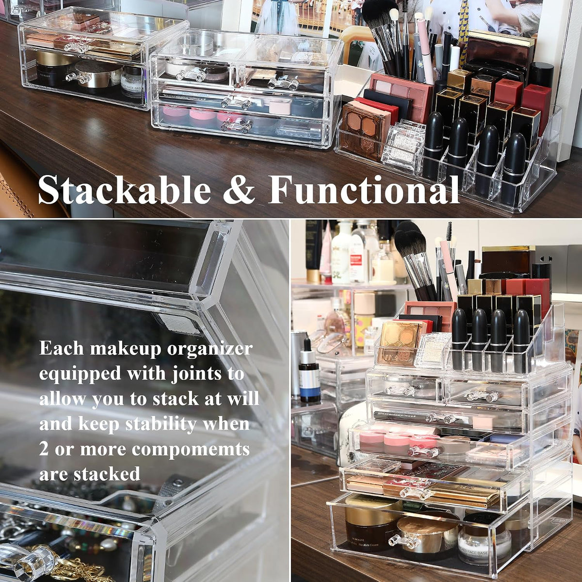 Sea Team 3-Tier Stackable Clear Acrylic Makeup Organizer with Drawers